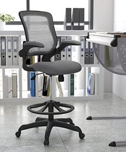 Flash Furniture Mid-Back Dark Gray Mesh Ergonomic Drafting Chair with Adjustable Foot Ring and Flip-Up Arms
